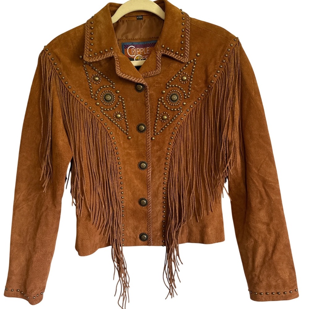 Cripple Creek Womens Suede Fringe Studded Western Jacket Cognac Brown Concho M